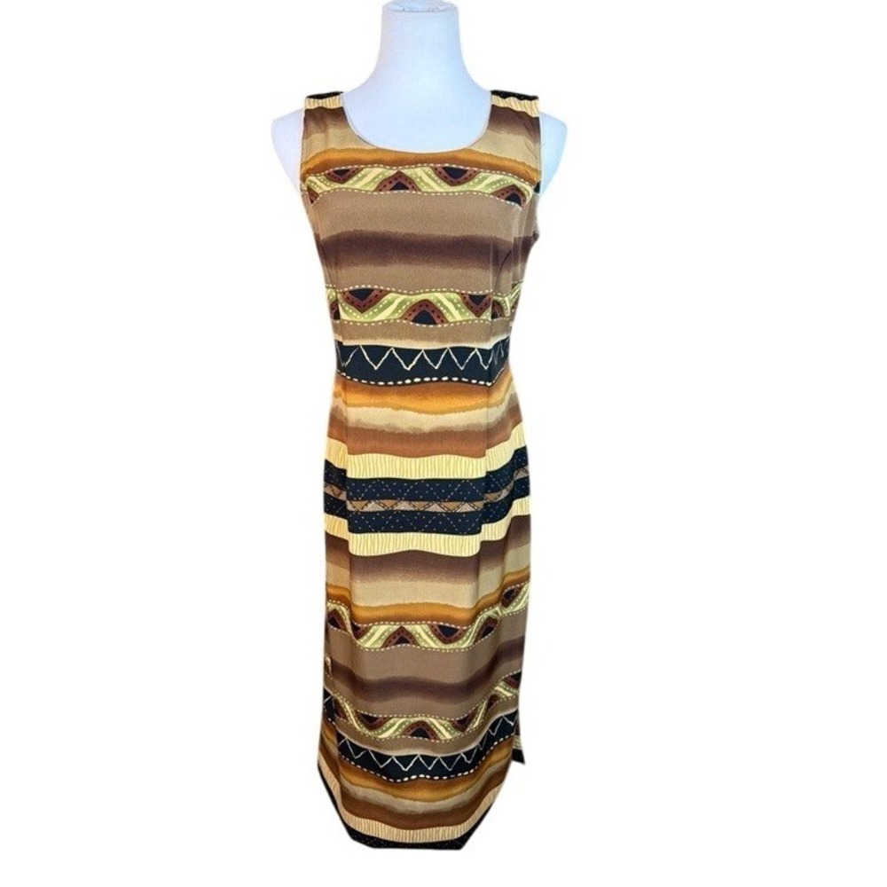 Dani Michaels Vintage Geometric Stripe Midi Sheath Dress Brown 9/10 Made in USA